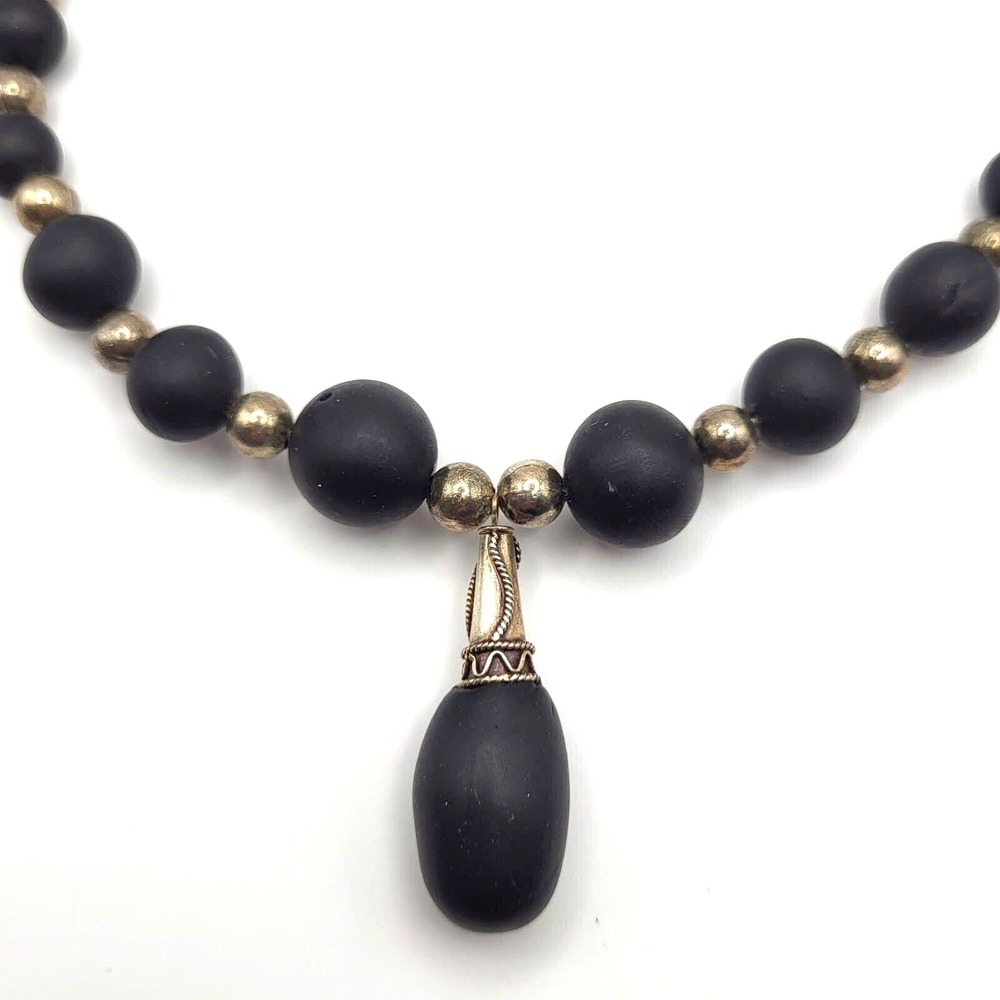 Vintage Handmade Black Clay and Silvertone Beaded Necklace with 925 Silver Clasp